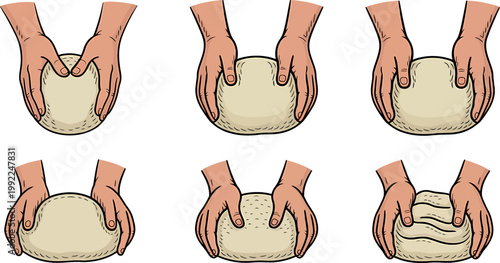 Baker hands kneading dough process steps for bread making tutorial and artisanal pastry workshop guide diagrams vector.