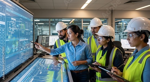 Team of engineers analyzing data screen.