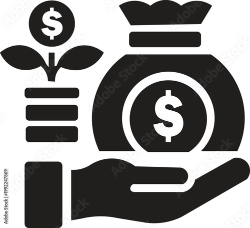 Savings Growth & Investment Protection Icon | Money Bag, Plant Growth & Hand Support Symbol | Financial Planning, Wealth Management, Secure Investment Vector