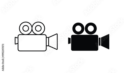 Minimalist black and white line art of two different styles of vintage film cameras, isolated on white background.