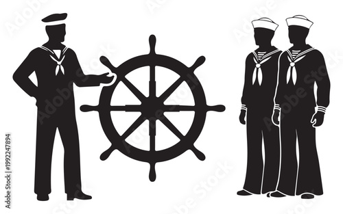 WebSailor Silhouette Vector – Two Mariners with Ship Wheel and Map Nautical Illustration