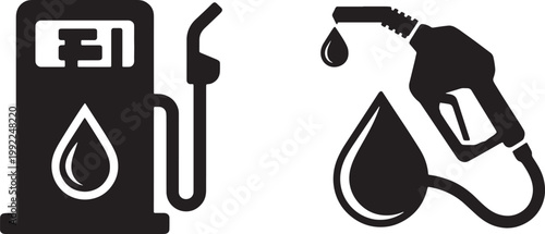 Gasoline pump and fuel nozzle icons with oil drop symbols representing energy and petroleum industry for vector design.