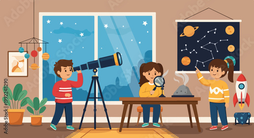 Three curious children explore astronomy and science in a themed room, using a telescope, star charts, and magnifying glasses for discovery.