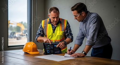 Two businessmen discussing construction project.