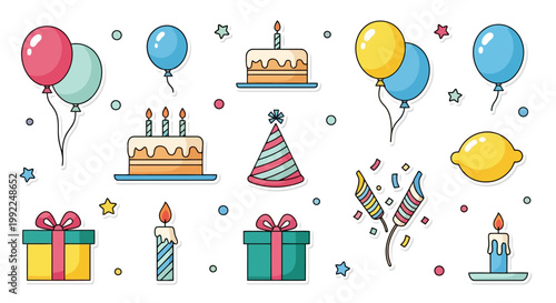 Vibrant Birthday Celebration Elements Collection with Balloons, Cakes, Gifts, and Candles.