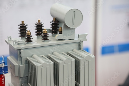 A large electrical transformer with a white label on it