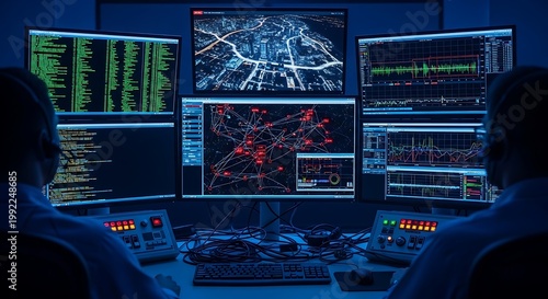 Two people working on computer screens.