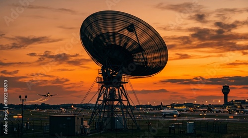 A large airport radar antenna stands near the runway as airplanes. Concept of aviation, air traffic control, airport infrastructure, transport, travel, logistics, and flight operations. Generative AI.