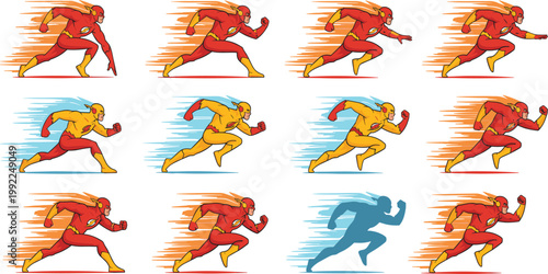 Dynamic vector illustration of superhero characters in multiple running poses with speed lines, colorful costumes, and motion effects