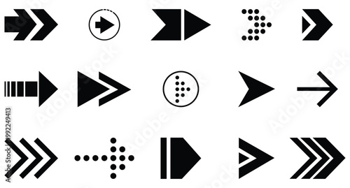 Collection of arrow vector icon set. Set of different arrows in various style. Arrow flat style isolated on white background. Modern simple arrows for web design. Vector illustration. 