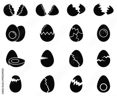 Collection of ester cracked egg silhouette vector icon set. 16 broken ester egg shell. Ester egg icons featuring in various broken style. Arranged in holiday collection. Vector illustration.