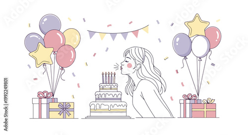 Young woman blowing out candles on a birthday cake, celebrating with joy and anticipation.