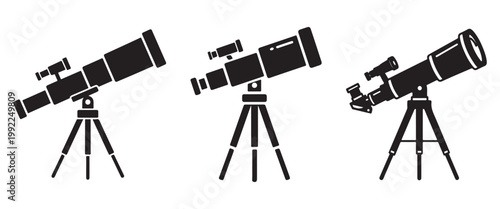 Astronomical Telescope Icon Set – Tripod Space Observation and Stargazing Symbols in Outline, Silhouette and Minimal Line Vector StylesWeb
