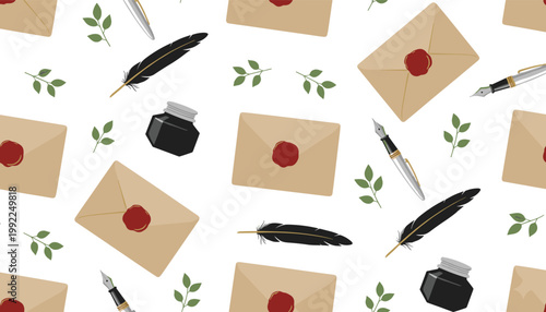 Seamless vector pattern of vintage writing tools with envelopes, ink bottles, quill feathers, fountain pens, and botanical accents