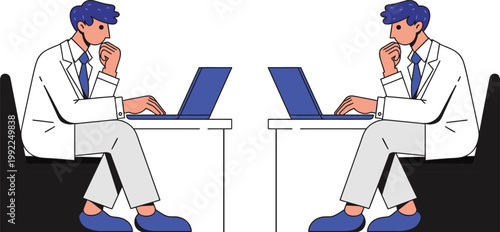 Business Professionals Working on Laptops Facing Each Other Minimal Flat Vector Illustration. Vector illustration of a male worker's profile and upper body working on a computer at a desk.