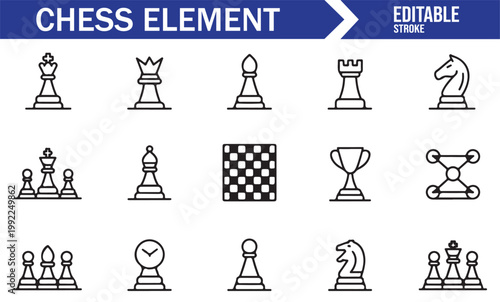 Abstract chess icon pack with modern outline style elements