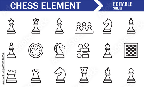 Chess icon collection with thin line style isolated background