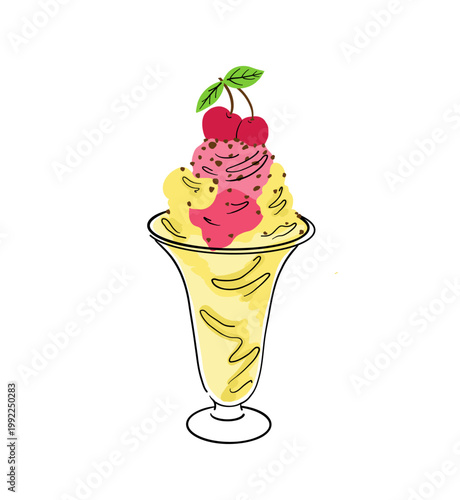 Ice Cream in a Glass Dish. Appetizing ice cream in a wine glass, vector image on a white backgroun