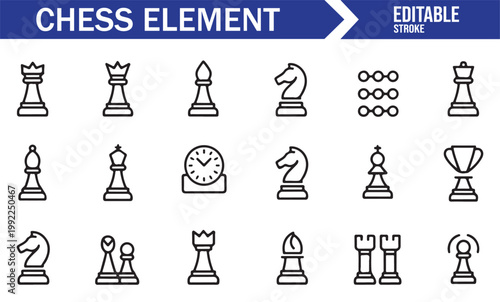Outline chess element icon set with simple game symbols isolated on white