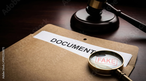 Fake document investigation with magnifying glass and judge gavel, fraud detection and legal evidence concept. 