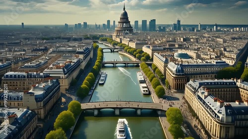 A panoramic vista of Parisian grandeur and serene waterways.
