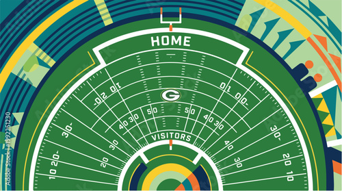 Stylized aerial view of vibrant American football field with home and visitor end zones, goalposts and yard lines