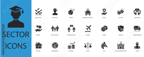 sector  icons set outline and Flat Style,transparent background