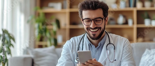 A male doctor looks happily at his smartphone, conveying a sense of care, and makes the perfect backdrop for telemedicine or healthcare.