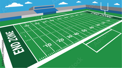 Cartoon illustration of American football stadium with green field, end zones, yard lines, goalposts and bleachers