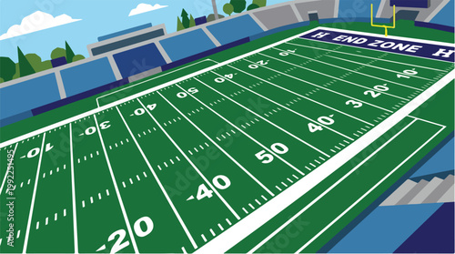 Vibrant American football field stadium viewed from end zone with green turf yard lines and blue bleachers