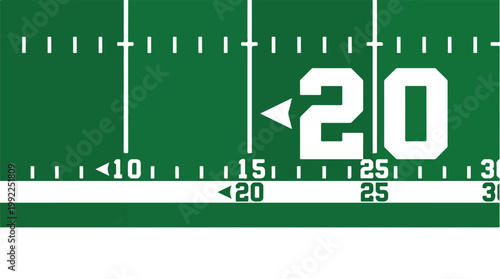 Close-up of vibrant green American football field turf with white yard line markers and prominent 20-yard line