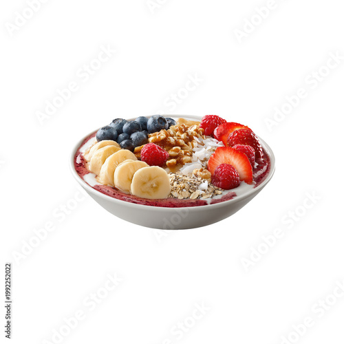 Healthy smoothie bowl breakfast with banana blueberry strawberry raspberry oats walnuts fresh yogurt isolated on white background