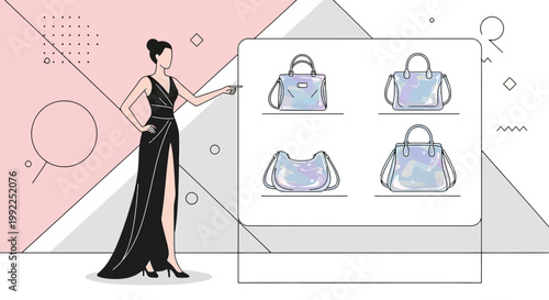Elegant woman presenting a collection of stylish handbags in a modern graphic design layout