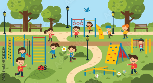 A colorful vector illustration of a lively park where children are happily playing on various playground equipment amidst green trees and sunny skies.