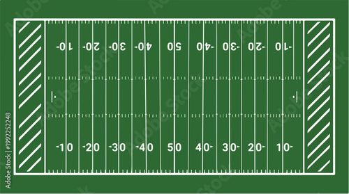 Vibrant green American football field with precise yard lines, hash marks, end zones and numbered yardage from above