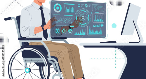 Empowered professional utilizing digital dashboard while working from office in a wheelchair