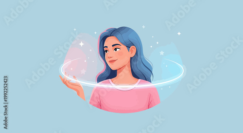 Empowered woman with celestial aura emitting light and positivity in a pastel world
