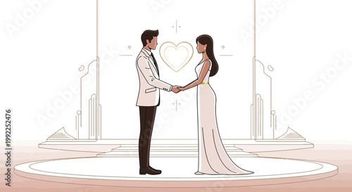 Elegant Couple Holding Hands Before Abstract Heart, Wedding Ceremony, Love Symbol