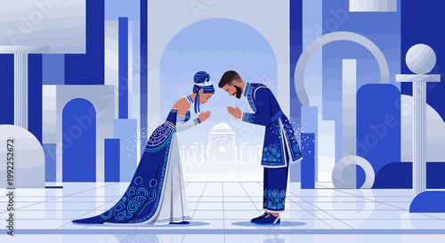 Elegant couple in traditional attire exchanging greetings in an ethereal blue setting