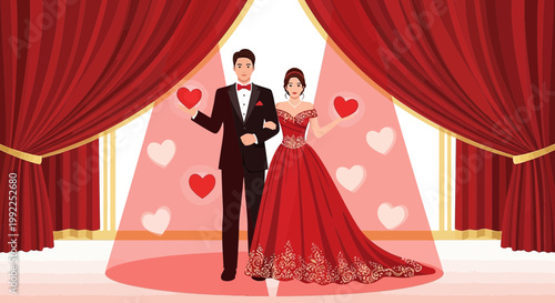 Elegant Couple in Red, Celebrating Love with Hearts - Illustration