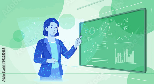 Empowering Education: Illustrated Woman Teacher Explaining Complex Formulas on Blackboard
