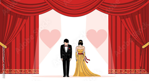 Elegant Couple on Stage with Red Curtains and Hearts: Love Story Illustration