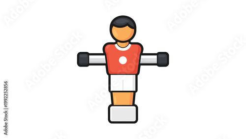 Foosball player vector icon illustration, modern flat design of a table soccer game piece in a red jersey and white shorts, perfect for sports apps, gaming websites, and recreational graphics.