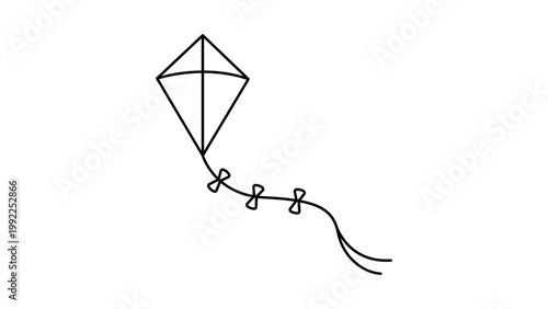 Obraz na płótnie Minimalist Diamond Kite Vector Icon with Long Tail and Bows, Black Outline Illustration with Editable Stroke on White Background, Scalable Graphic for Summer Fun, Childhood, and Outdoor Leisure