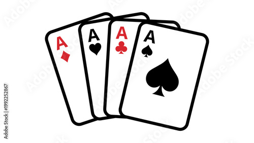 Modern flat vector icon illustration of a fanned set of four Ace playing cards including Spades, Hearts, Clubs, and Diamonds. Clean, scalable graphic design for casino, poker, and gaming themes.