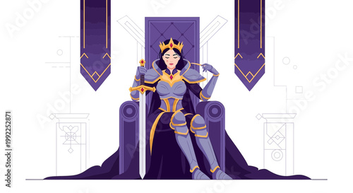 Empress in armor sits regally on her throne showcasing leadership and power with a sword