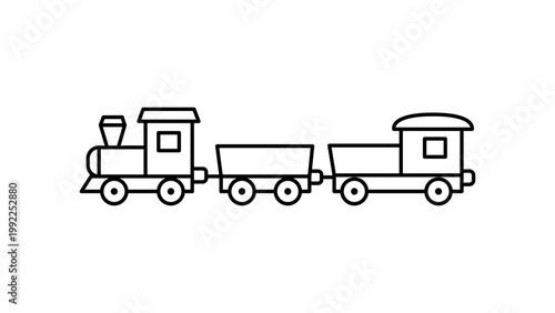 Schilderij op canvas Minimalist Black Line Vector Icon of a Toy Train with a Steam Engine and Carriages on a White Background
