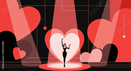Elegant Dancer on Stage with Red Hearts and Spotlight - Romantic Performance