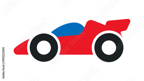 Modern flat vector icon illustration of a red toy race car with a blue cockpit and black wheels, isolated on a white background. Ideal for children's apps, gaming, play, and automotive designs.