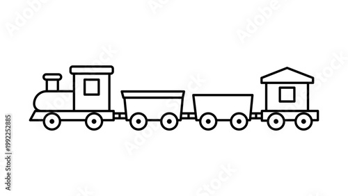 Minimalist Toy Train Editable Stroke Vector Icon Illustration Featuring a Locomotive, Two Freight Wagons, and a Caboose in a Clean Black Line Art Style for Child-Friendly Designs and Logos